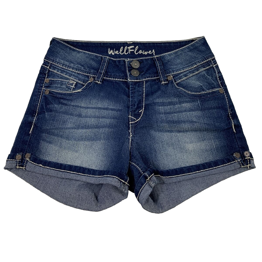 Wallflower Denim Shorts Junior 5 Blue Jean 2.5" Inseam Roll Up Flap Back Pockets